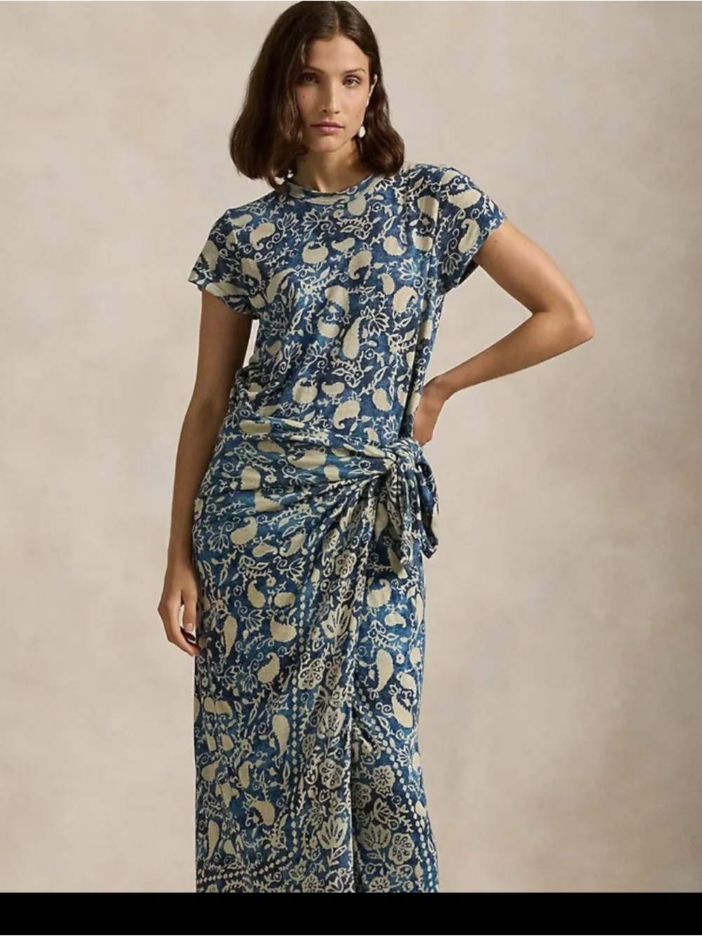 Polo by Ralph Lauren Blue and Cream Paisley Tie-Waist Midi Dress